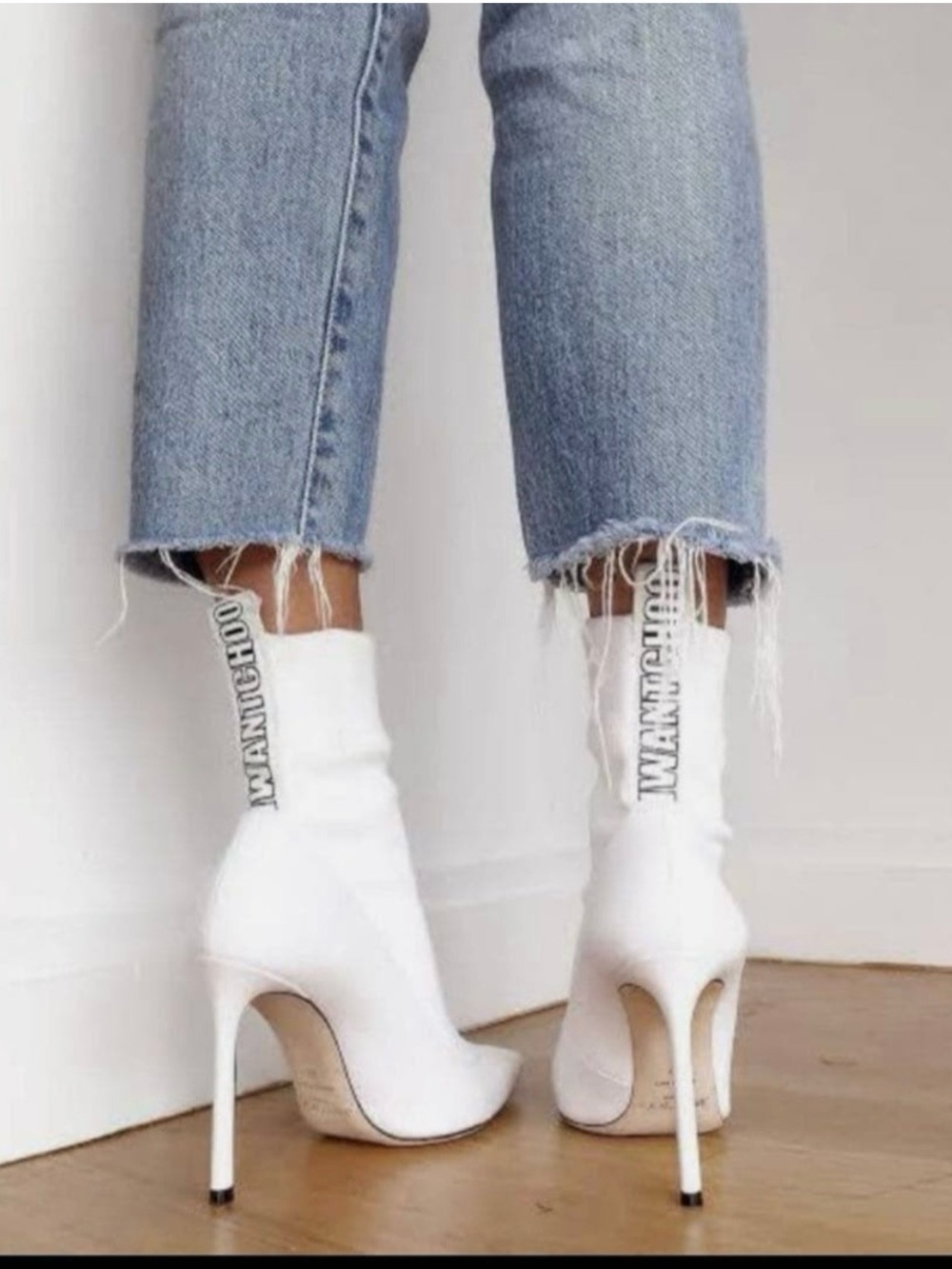 Jimmy Choo Brandon I want Choo White Sock Stiletto Booties Back Logo Pull Tab